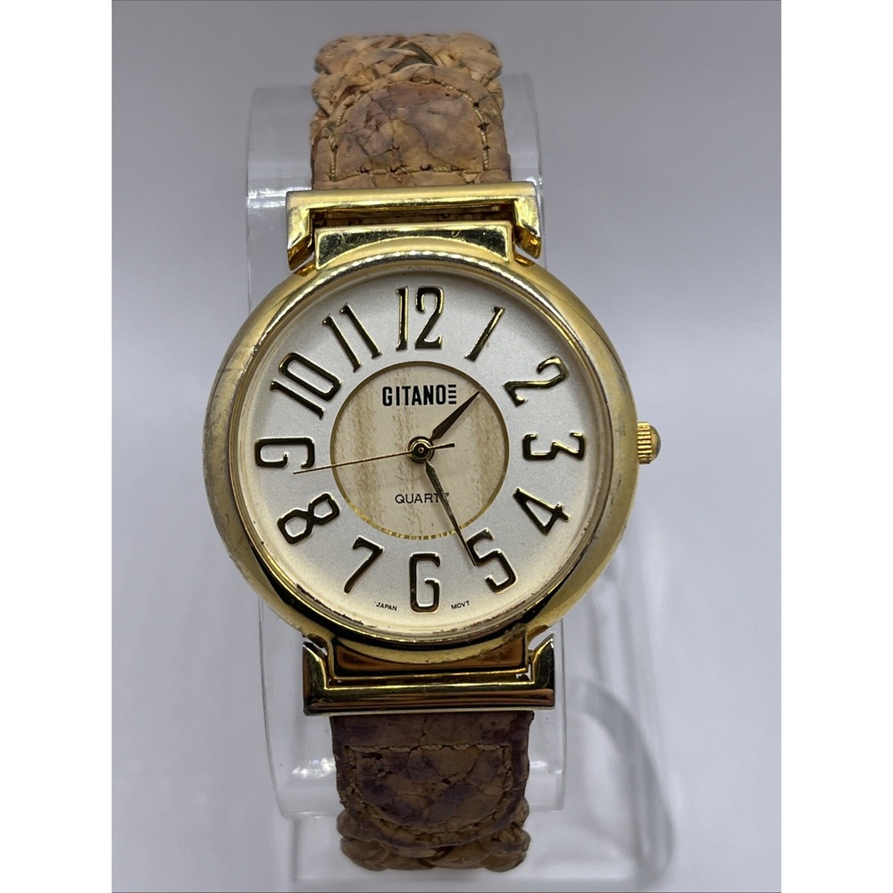 Vintage Gitano Women's Watch Braided Cork Band Gold 35mm Case- New Battery